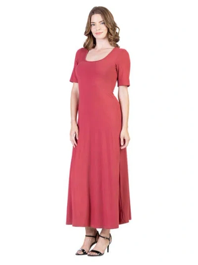 24seven Comfort Apparel Casual Maxi Dress With Sleeves In Red