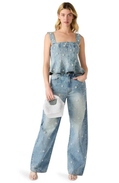 Steve Madden Fiorella Beaded Peplum Denim Tank In Blue