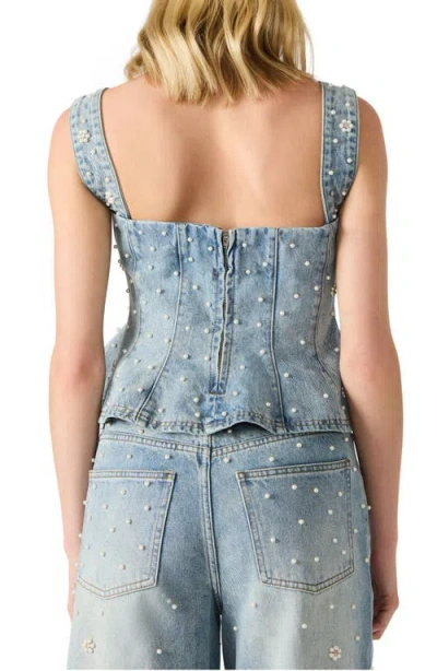 Steve Madden Fiorella Beaded Peplum Denim Tank In Blue