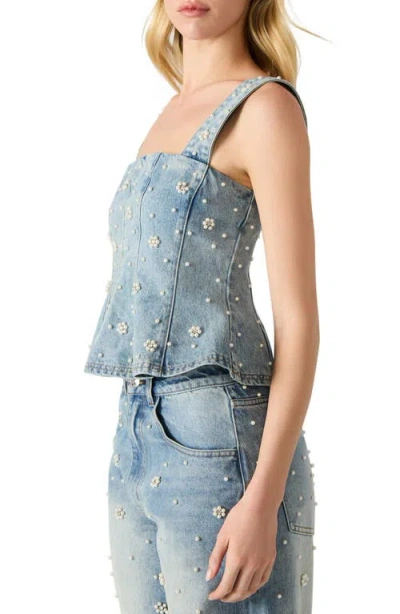 Steve Madden Fiorella Beaded Peplum Denim Tank In Blue