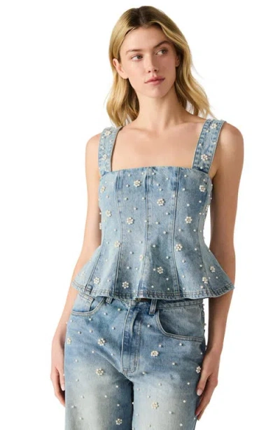 Steve Madden Fiorella Beaded Peplum Denim Tank In Blue