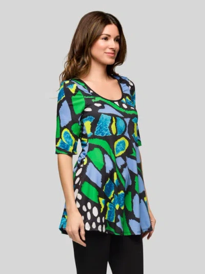 24seven Comfort Apparel Blue Butterfly Print Elbow Sleeve Casual Tunic Top In Multi