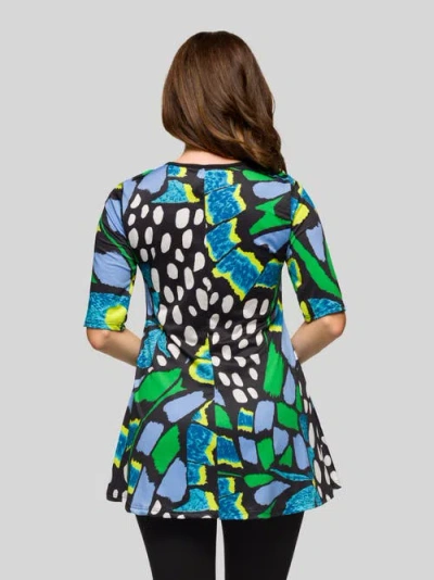 24seven Comfort Apparel Blue Butterfly Print Elbow Sleeve Casual Tunic Top In Multi