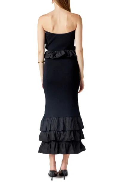 Endless Rose Ruffle Detail Mixed Media Strapless Dress In Black