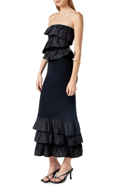 Endless Rose Ruffle Detail Mixed Media Strapless Dress In Black