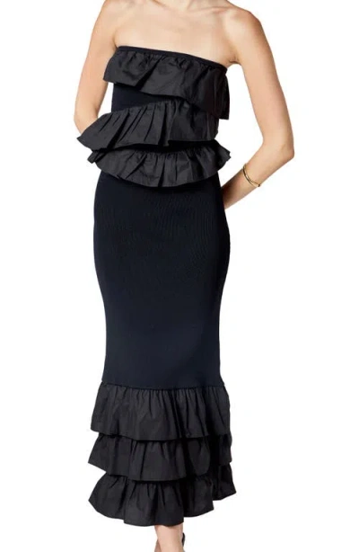 Endless Rose Ruffle Detail Mixed Media Strapless Dress In Black