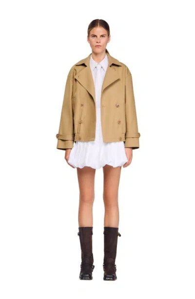 Sandro Short Oversized Trench Coat In Brown