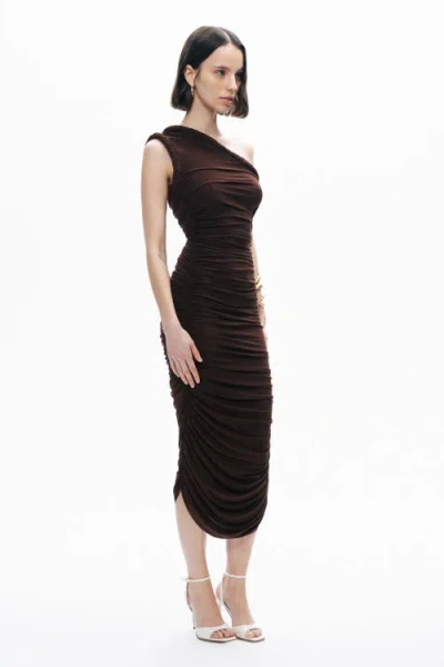 Nocturne Twist Detail One-sleeve Maxi Dress In Brown