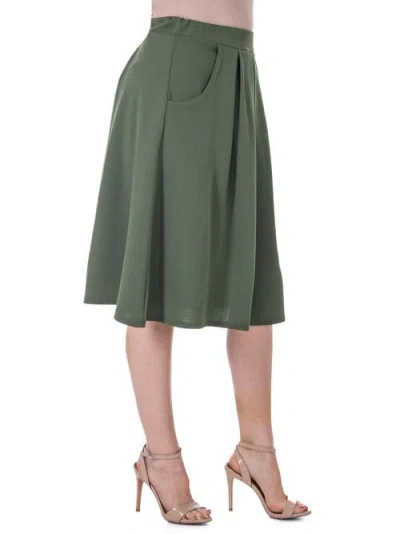 24seven Comfort Apparel Elastic Waist Pleated Knee Length Pocket Skirt In Green