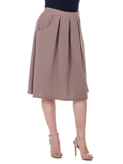 24seven Comfort Apparel Elastic Waist Pleated Knee Length Pocket Skirt In Brown