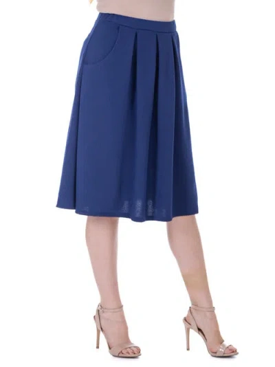 24seven Comfort Apparel Elastic Waist Pleated Knee Length Pocket Skirt In Blue