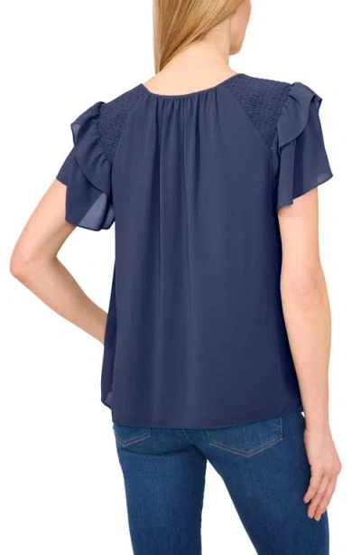 Cece Tie Neck Flutter Sleeve Top In Blue