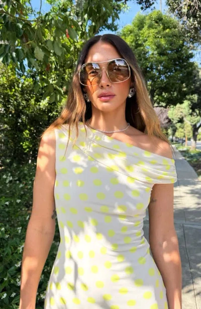 Afrm Holden One-shoulder Printed Mesh Midi Dress In Yellow