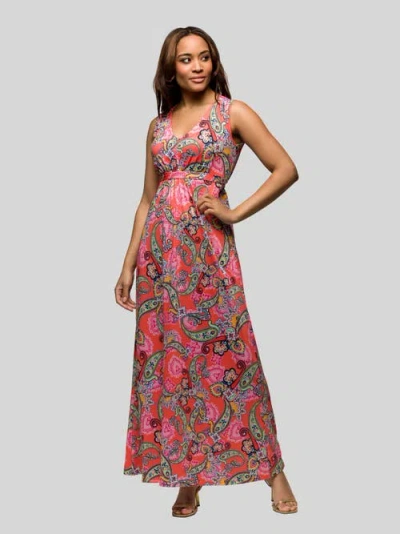 24seven Comfort Apparel Maternity Pink Paisley Print V-neck Empire Waist Sleeveless Maxi Dress In Multi