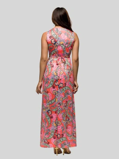 24seven Comfort Apparel Maternity Pink Paisley Print V-neck Empire Waist Sleeveless Maxi Dress In Multi