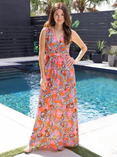 24seven Comfort Apparel Maternity Pink Paisley Print V-neck Empire Waist Sleeveless Maxi Dress In Multi
