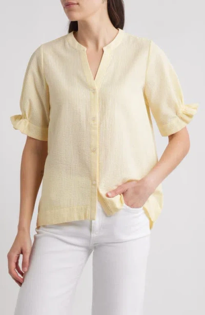 Bobeau Seersucker Gathered Short Sleeve Button-up Shirt In Yellow