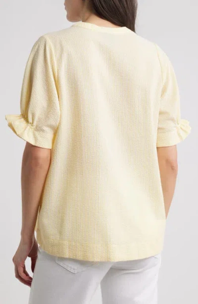 Bobeau Seersucker Gathered Short Sleeve Button-up Shirt In Yellow