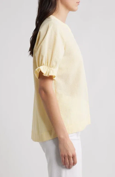 Bobeau Seersucker Gathered Short Sleeve Button-up Shirt In Yellow