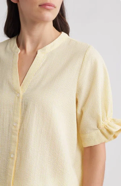 Bobeau Seersucker Gathered Short Sleeve Button-up Shirt In Yellow