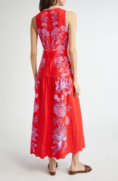 Farm Rio Porcelain Garden Floral Linen Maxi Dress In Red