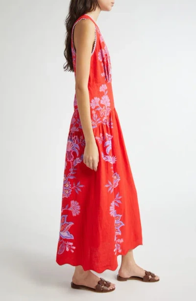 Farm Rio Porcelain Garden Floral Linen Maxi Dress In Red