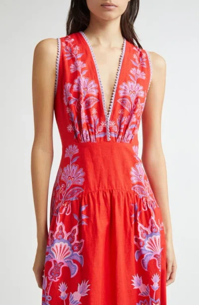 Farm Rio Porcelain Garden Floral Linen Maxi Dress In Red
