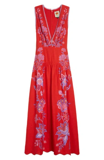 Farm Rio Porcelain Garden Floral Linen Maxi Dress In Red