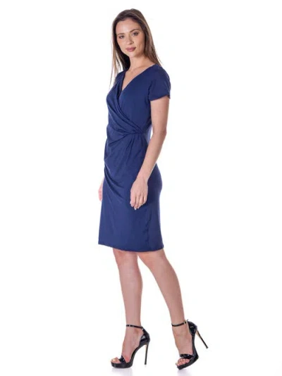24seven Comfort Apparel Petites Short Sleeve Knee Length Faux Wrap Dress In Blue