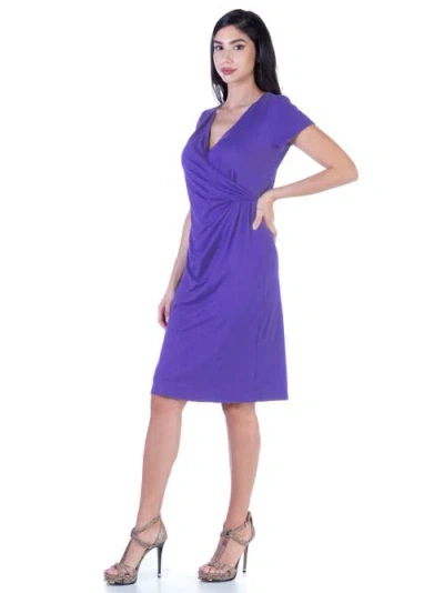 24seven Comfort Apparel Short Sleeve Knee Length Faux Wrap Dress In Purple