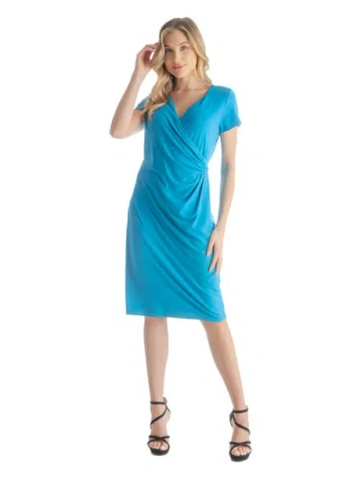24seven Comfort Apparel Faux Wrapover Maternity Dress With Cap Sleeves In Blue
