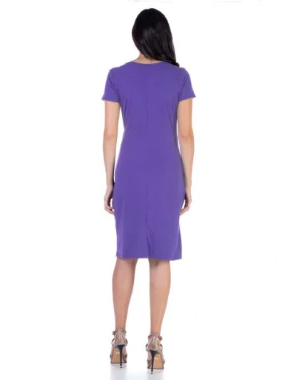 24seven Comfort Apparel Short Sleeve Knee Length Faux Wrap Dress In Purple