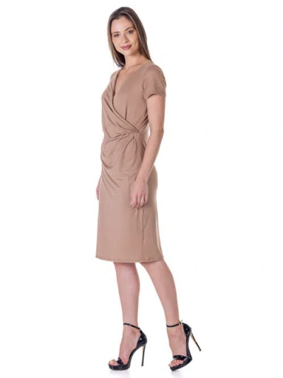 24seven Comfort Apparel Short Sleeve Knee Length Faux Wrap Dress In Brown