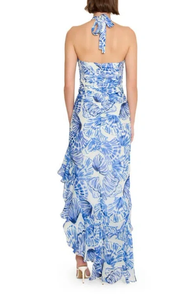 Amanda Uprichard Marabou Ruffle Halter High-low Cocktail Dress In Blue