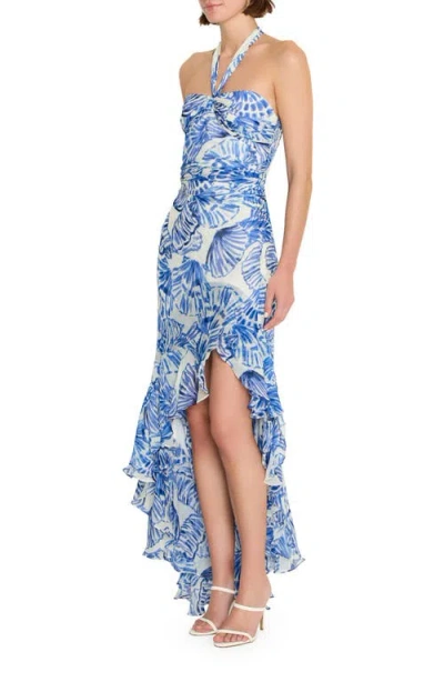 Amanda Uprichard Marabou Ruffle Halter High-low Cocktail Dress In Blue