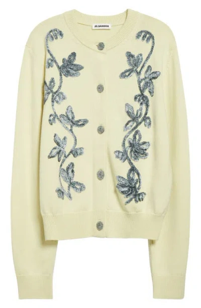 Jil Sander Light Yellow Cardigan With Floral Embroidery Women In Yellow