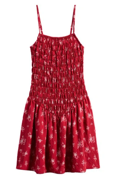 Walking On Sunshine Kids' Smocked Drop Waist Dress In Red