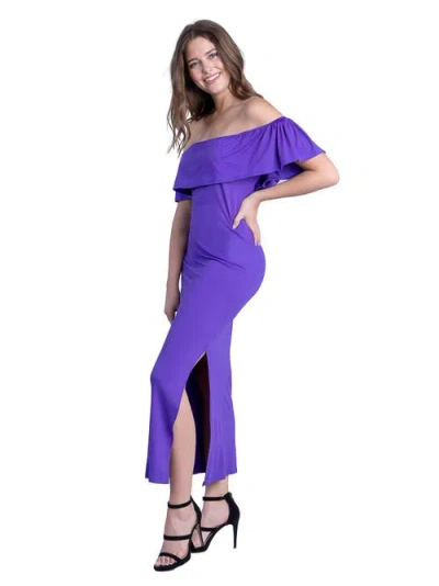 24seven Comfort Apparel Off Shoulder Ruffle Detail Maternity Maxi Dress In Purple