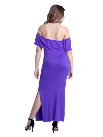 24seven Comfort Apparel Off Shoulder Ruffle Detail Maternity Maxi Dress In Purple