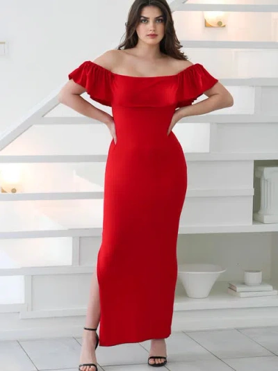 24seven Comfort Apparel Off Shoulder Ruffle Detail Maternity Maxi Dress In Purple