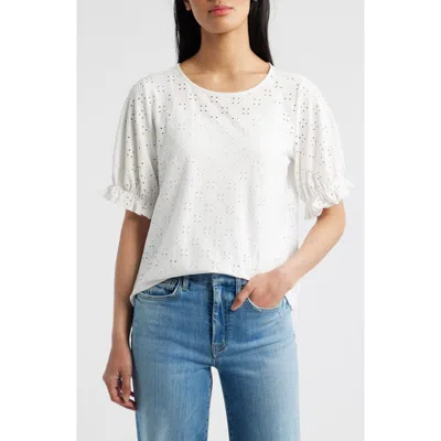 Bobeau Elbow Sleeve Eyelet Top In White