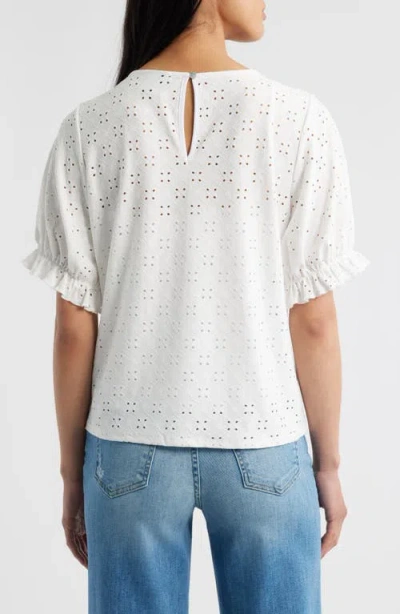 Bobeau Elbow Sleeve Eyelet Top In White