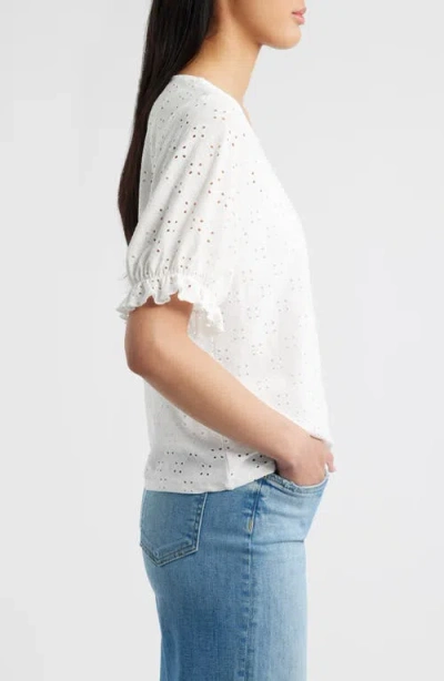 Bobeau Elbow Sleeve Eyelet Top In White