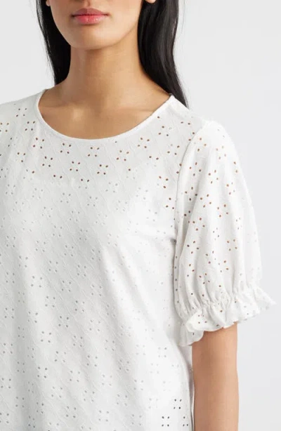 Bobeau Elbow Sleeve Eyelet Top In White