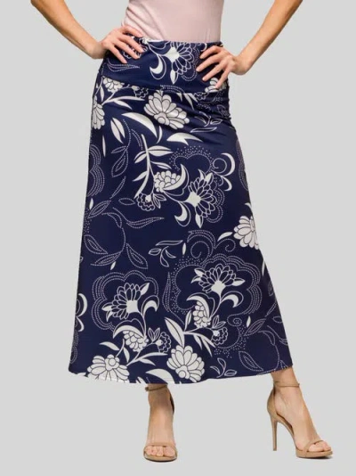 24seven Comfort Apparel Maternity Navy Floral Print Elastic Waist A-line Maxi Skirt In Blue