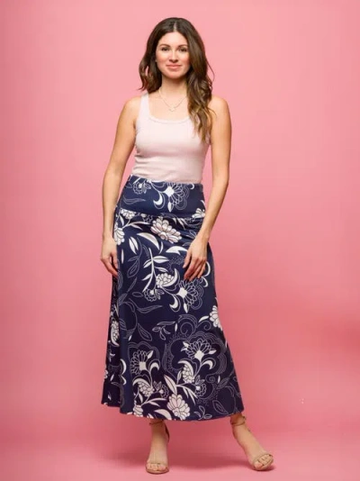 24seven Comfort Apparel Maternity Navy Floral Print Elastic Waist A-line Maxi Skirt In Blue