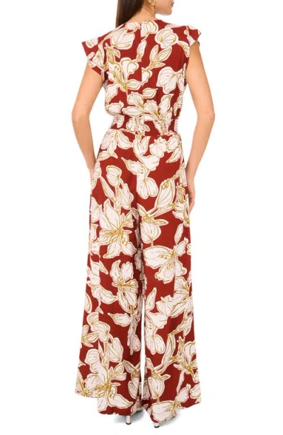 Vince Camuto Floral Flutter Sleeve Jumpsuit In Brown