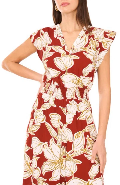 Vince Camuto Floral Flutter Sleeve Jumpsuit In Brown