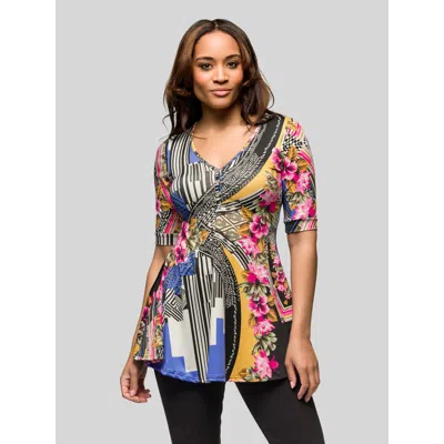 24seven Comfort Apparel Multicolor Floral Print Elbow Sleeve V Neck Henley Tunic Top In Multi