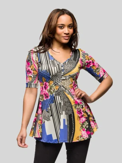 24seven Comfort Apparel Multicolor Floral Print Elbow Sleeve V Neck Henley Tunic Top In Multi